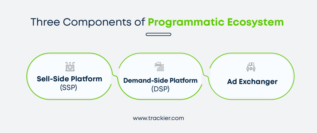 An infographic showing components of programmatic media buying DSP, SSP and ad exchange